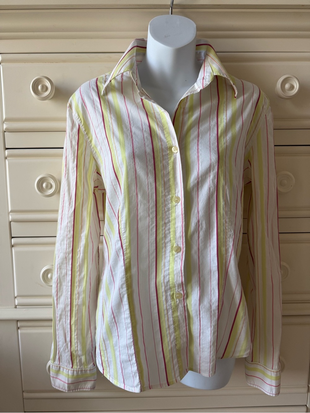 Trussardi, Striped Button-Up Shirt in White, Yellow-green  & pink